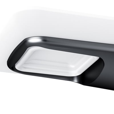 Nærbillede af AM.PM Inspire V2.0 sæbeskål i sort mat glas med en hvid indsats, vist oppefra på hvid baggrund.