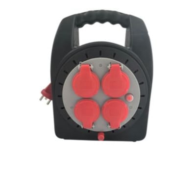 Wexim E-Line kabeltromle "Mini" med 15 meter kabel, 230V og fire røde udtag med klap samt et sort håndtag til transport.IP44.