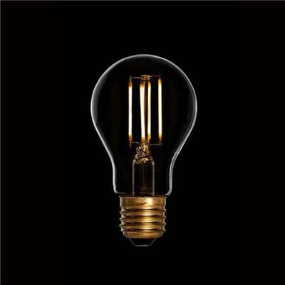 DANLAMP Eksteriør standard LED-pære med klar, klassisk glaskolbe, synlige gyldne filamenter og E27-fatning.