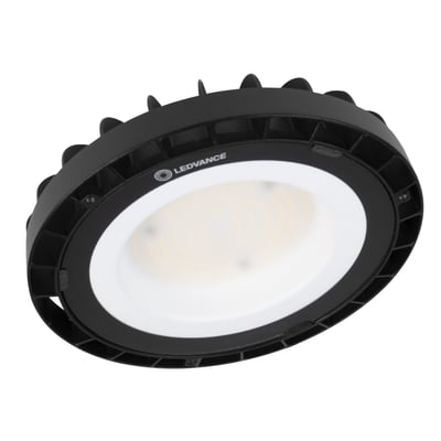 Sort Ledvance High Bay Compact LED-lysarmatur på 133 W med rund form og bred, hvid lysflade.