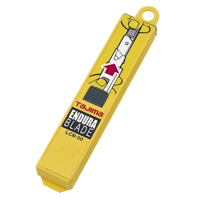 Tajima Endura Blade LCB-50 knivblade, 18mm brede i SK2-stål, leveres i gul sikkerhedsdispenser.