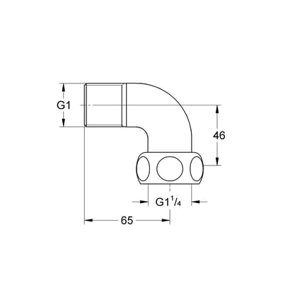 Teknisk tegning af Grohe tilslutningsvinkel med mål for gevindstørrelser 1 1/4" og G1 samt dimensioner 65 mm og 46 mm.