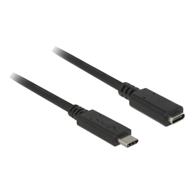 Sort Delock USB Type-C-forlængerkabel med han- og hunstik, set skråt med begge stik synlige.