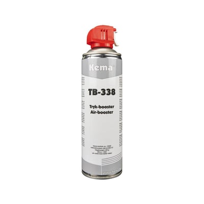 Bagside af Kema TB-338 trykluftspray dåse, der viser produktinformation og vejledning på forskellige sprog i hvid baggrund.