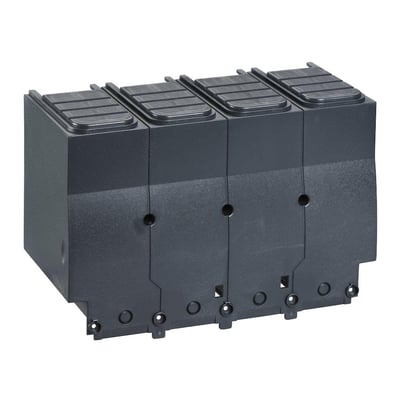 Schneider Electric 4-polet klemmeafdækning med 52,5mm afstand, vist isoleret mod hvid baggrund.