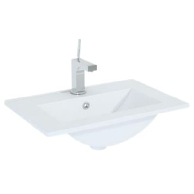 Hvid Royo IMAGE-håndvask E-8009-90 til 90 cm møbelskab, vist skråt forfra med armatur synligt bagpå.