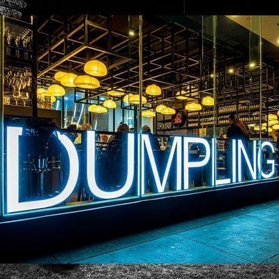 V-TAC LED moduler anvendt til at oplyse 'DUMPLING' skiltet på en bygning om natten, med blålig belysning.