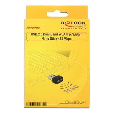Gul emballage til DeLock USB 2.0 dualband-WLAN-nanostick med illustration af den lille USB-adapter.