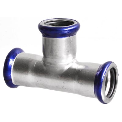 Unico T-stykke i rustfrit/syrefast stål med 108 mm rørdimension og 3 pressmuffer med blå EPDM O-ringe.