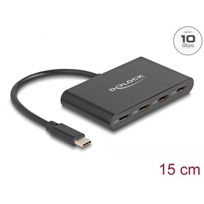 Sort DeLock USB 3.2 Gen 2-hub med fire USB-C-porte og fast kabel med USB-C-stik.
