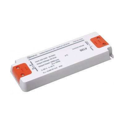 SpectrumLED strømforsyning på 60 W, 24 V DC og 2,5 A med hvidt, aflangt kabinet og orange tilslutninger.