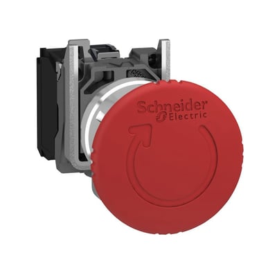 Schneider Electric komplet nødstop med tryk/drej funktion og Ø40 mm paddehoved i rød farve med 2xNC kontakter.