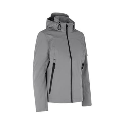 ID Identity vinter softshell jakke til damer i grå, størrelse L, med hætte og sorte vandafvisende lynlåse.