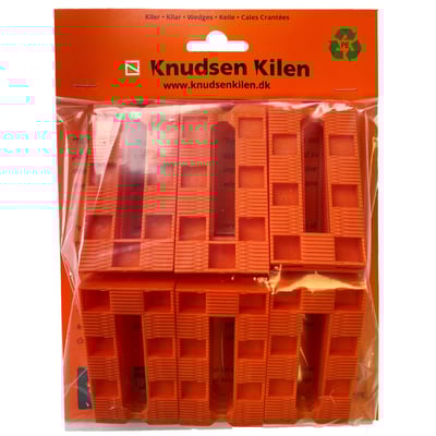 Knudsen Kilen hængerkort kiler i klar emballage med 20 stk. i orange plast vist på hvid baggrund.