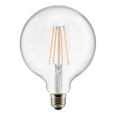 Klar globe LED pære, Ø125 mm, med synlige filamenter og E27 fatning, hvid baggrund.