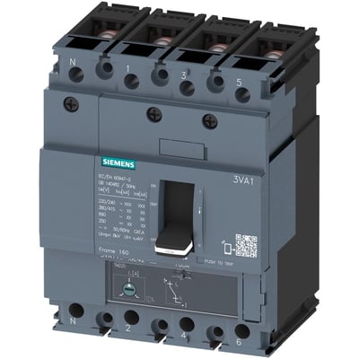 Siemens 3VA1 maksimalafbryder, 4-polet, 100A, 55kA og TM220 beskyttelse på neutral og faseskruer.