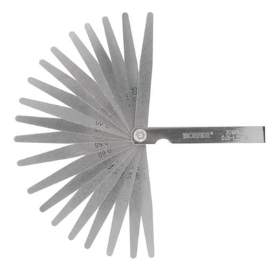 Ironside søgeblad med 20 blade spredt ud som en vifte fra holderen og måleområde på 0,05–1,00 mm.