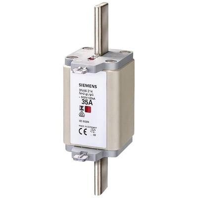 Siemens sikringselement 3NA6 214 NH2-gL/gG, 35A, 500V/120kA, Made in Germany, med tydeligt mærket 35A og CE-mærke.