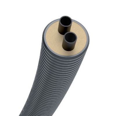 Brugg Pipes Flexstar Duo rør 25+25/90mm, 15 meter, isoleret med PUR skum og grå bølget kappe.