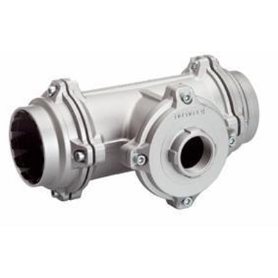 Reduktions-Tee 110x3/4"x110mm i aluminium, designet til nem installation med kondensseparationssystem og minimalt trykfald.