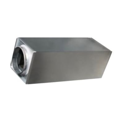 Rektangulær lyddæmper i galvaniseret stål med Ø200 mm nippel tilslutning og 1200 mm længde, vist på hvid baggrund.