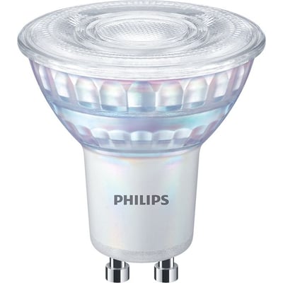 Philips Master Value LED-spot på 5,5 W ses forfra med klar, facetteret glasreflektor, hvid krop og GU10-fatning.