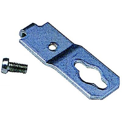 Detaljeret billede af Fibox Fp Ekin vægbeslagets form og fastgørelseshul samt en enkelt skrue.