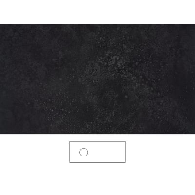 Svedbergs mørke grafitbordplade på 121 x 46 cm med plettet overflade og skitse af en rund udskæring.