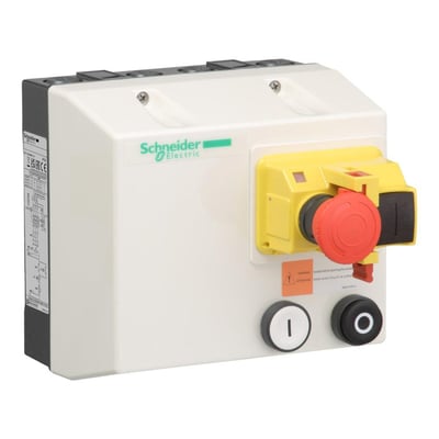 Schneider Electric motorstarter LG7K06M708 med tydeligt logo, nødstop og informationsmærkater på grå kappe.