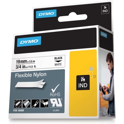 Emballagen til DYMO Rhino Professional fleksibel nylontape, 19 mm bred og 3,5 m lang, med sort tekst på hvid tape.