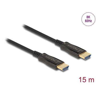 DeLock aktivt optisk HDMI 2.1-kabel på 15 meter med sort kabel og to guldfarvede HDMI-stik, til 8K ved 60 Hz.