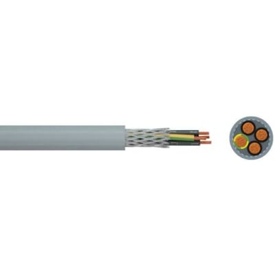 Multikabel 12G1,0 CY-JZ NR TR med grå PVC-kappe, viser udskåret kabel med kobberledere og flettet skærm, samt et tværsnit af de tre ledere.