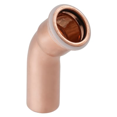Geberit Mapress 28 mm kobber 45 graders bøjning med muffe/nippel-tilslutning set skråt forfra, med synlig kobberoverflade.