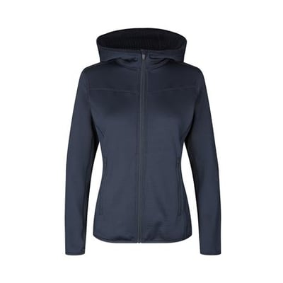ID Identity navy fleece cardigan til damer i størrelse L, med lynlås og hætte, fremstillet i stretch materiale med vaffel fleece struktur.