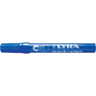 Blå Lyra Speedmarker serie 4020 med hætte og synligt mærke, vandfast tusch med 1–4 mm stregbredde.