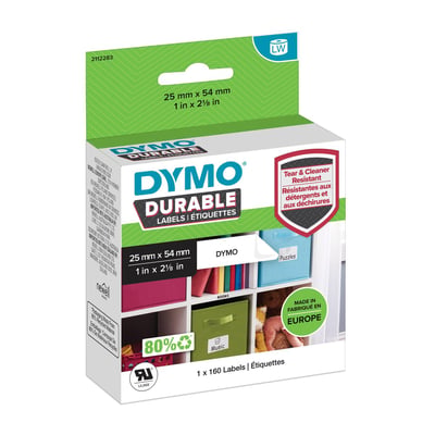 Karton af DYMO LabelWriter Durable etiketter, 25x54mm, 160 stk. angiver 'Made in Europe' og resistens mod fugt og kemikalier.