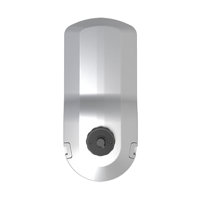 Ansell Lighting vej-/pladsarmatur i sølvfarvet metal med en rund, mørk grå kobling i fronten, monteret på hvid baggrund.