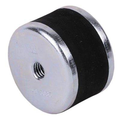 Sort cylinderformet vibrationsdæmper AD 4030 med M8 gevind og elforzinkede stålskiver, 40mm diameter.