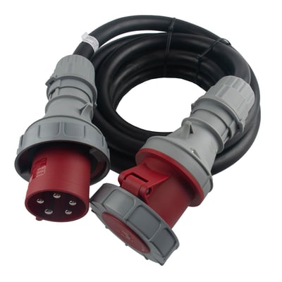 VAERK CEE 5P forlængerkabel på 5 meter med 63A og 5G16 H07RN-F kabeltype, med grå og røde stik.