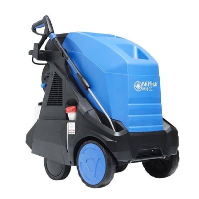 Nilfisk MH 3C hedvandsrenser i blå og sort med slangerulle og spulehåndtag monteret på siden, 180 bars tryk.
