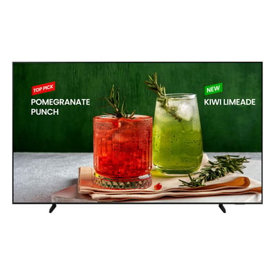 Samsung BE98D-H 98-tommers UHD-skærm med sort ramme og bordfødder viser grafik med to farverige drinks.