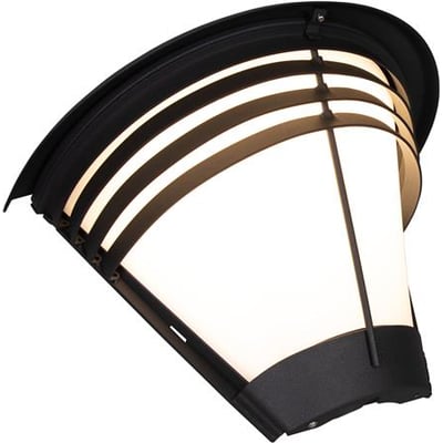 Hide-a-lite Pave Deco IV vægarmatur med opalt glas og sort, buet afskærmning, set skråt nedefra.
