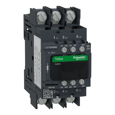 Schneider Electric TeSys kontaktor på 40A, 3-polet med 1 NO og 1 NC kontakt, 24VDC spolespænding og mærkat.