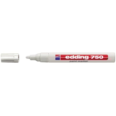 Edding 750 permanent malermarker i hvid med korken ved siden af, viser spidsen og 2-4mm stregbredde.