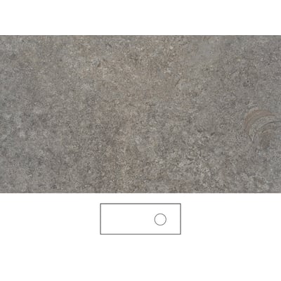 Svedbergs mineralbordplade i kalksten, 121 x 46 cm, med grå stenet overflade og skitse af udskæring H.