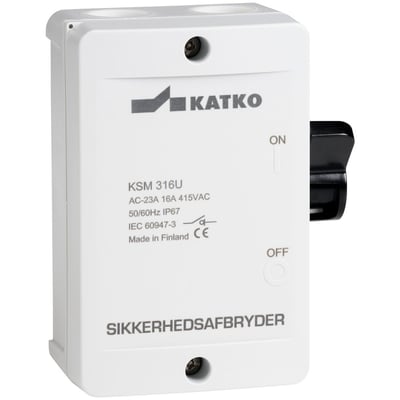 Katko sikkerhedsafbryder KSM 316U, 4-polet og 16 A, med lys kapsling og sort sidebetjent håndtag.