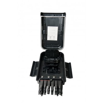 FTTH "Budi" fiber vægboks i sort, åben og vist med 2/16 port og 4 splidsekassetter til maksimalt 288 splice.