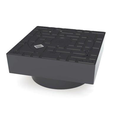 Sort firkantet komposit karm fra NID med et 315 mm opføring og et firkantet dæksel med NID logo. Udført i kompositmateriale og klassificeret B125.