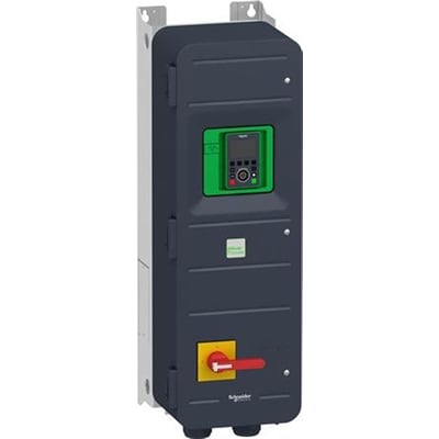 Schneider Electric frekvensomformer 37kW, 3x400V, IP55, med en tydelig rød afbryderhåndtag monteret på siden.