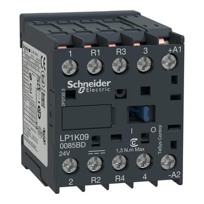 Schneider Electric 4-polet kontaktor, 20A, 2NO 2 NC. Synlig mærkat med model LP1K09 0085BD 24V.